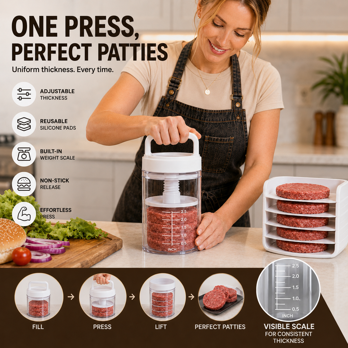 🍔 Multi-Function Patty Press | One-Press Uniform Patties | 🏠 Home Burgers • 🏕️ Camping • 🔥 BBQ • 🥩 Meal Prep