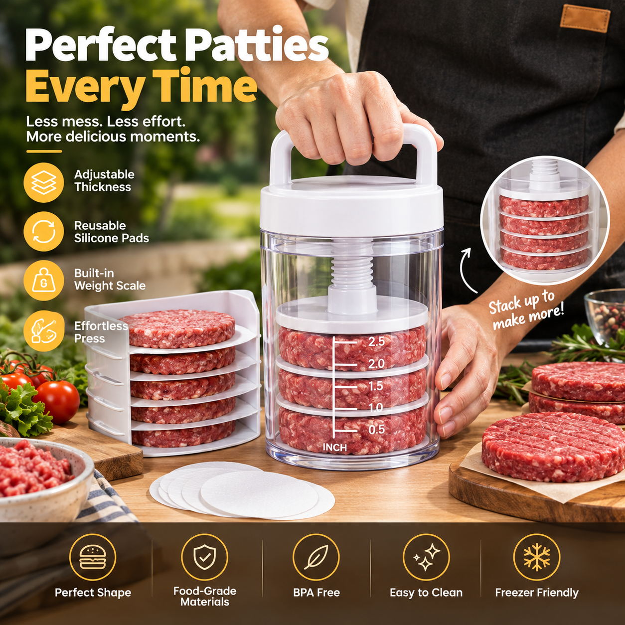 🍔 Multi-Function Patty Press | One-Press Uniform Patties | 🏠 Home Burgers • 🏕️ Camping • 🔥 BBQ • 🥩 Meal Prep