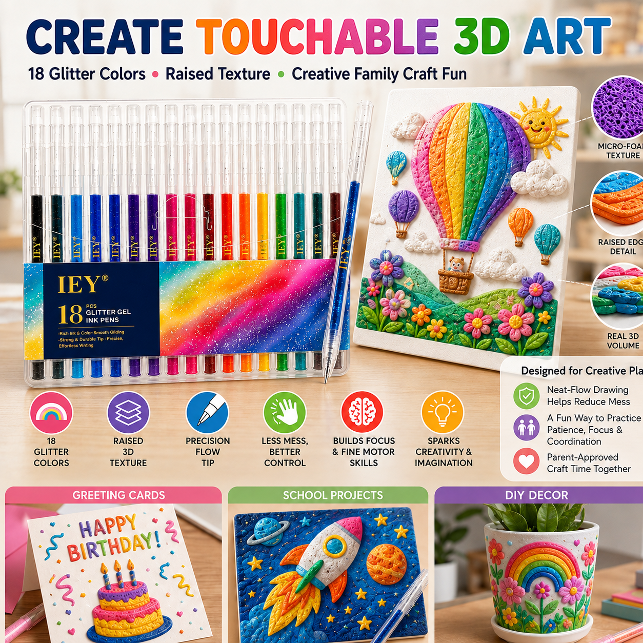 Popcorn IEY® 3D Puffy Pens 18-Color Set | Magical Coloring Pens That “Rise” After Drawing | Kids’ Early Learning DIY Craft Gift Set