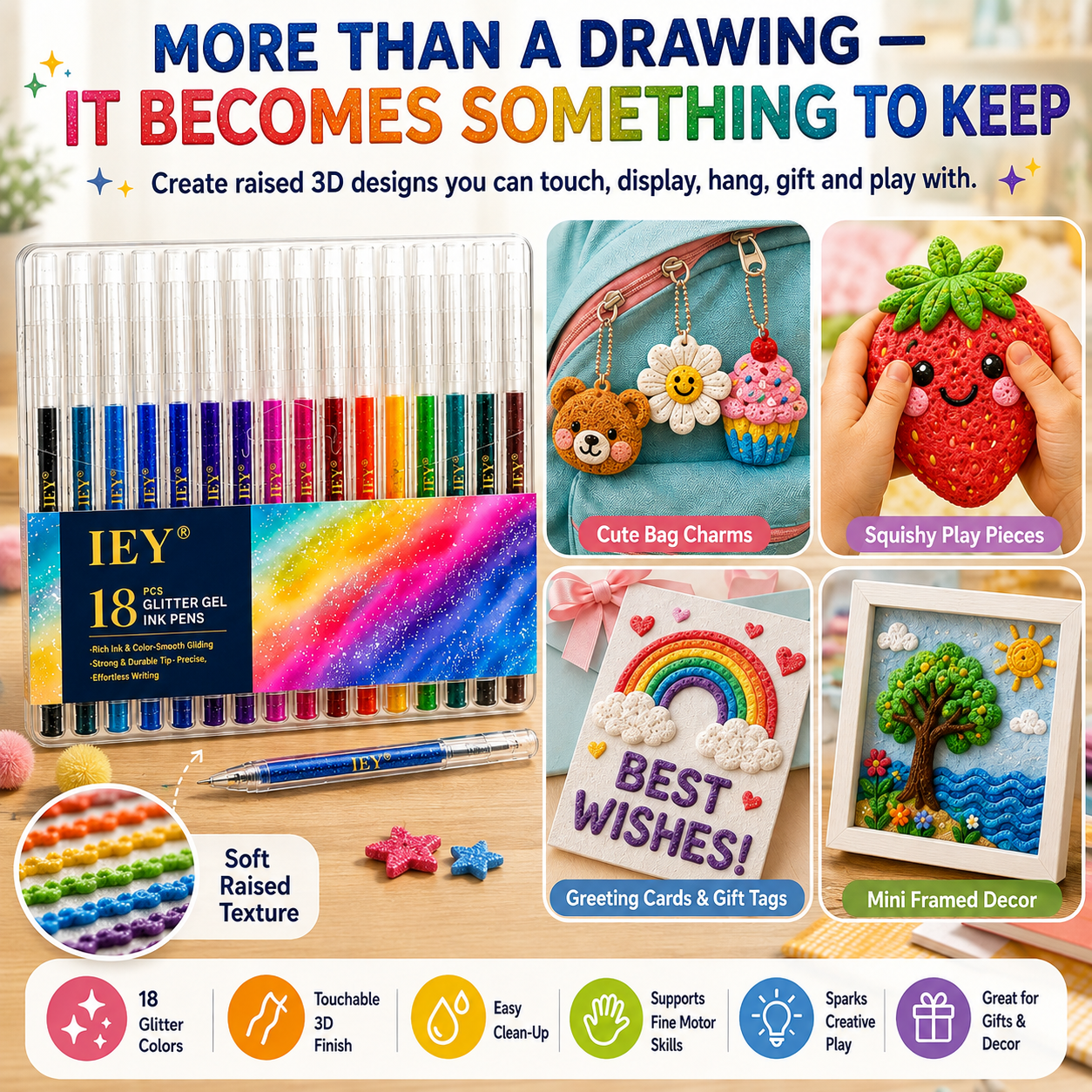 Popcorn IEY® 3D Puffy Pens 18-Color Set | Magical Coloring Pens That “Rise” After Drawing | Kids’ Early Learning DIY Craft Gift Set
