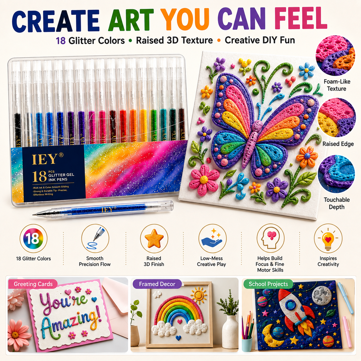 Popcorn IEY® 3D Puffy Pens 18-Color Set | Magical Coloring Pens That “Rise” After Drawing | Kids’ Early Learning DIY Craft Gift Set
