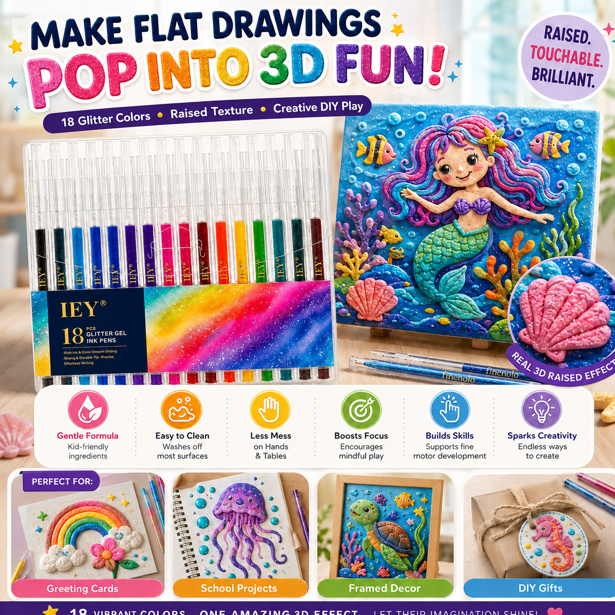 Popcorn IEY® 3D Puffy Pens 18-Color Set | Magical Coloring Pens That “Rise” After Drawing | Kids’ Early Learning DIY Craft Gift Set