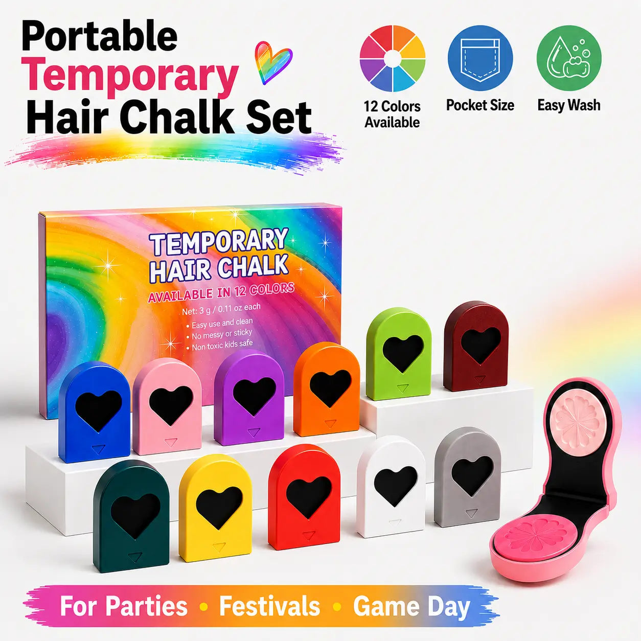 Washable Temporary Hair Chalk Set - Portable, Non-toxic Hair Color Powder for Sports Events, Festivals, Cosplay campingessentials