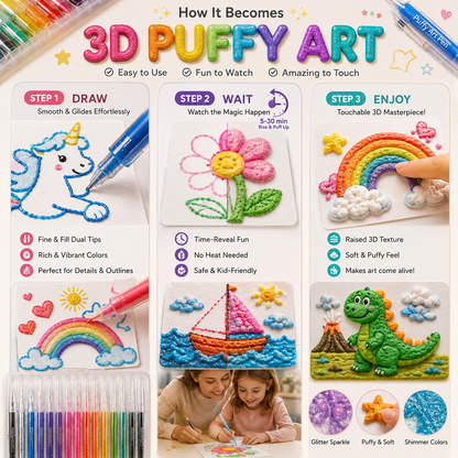 Popcorn IEY® 3D Puffy Pens 18-Color Set | Magical Coloring Pens That “Rise” After Drawing | Kids’ Early Learning DIY Craft Gift Set